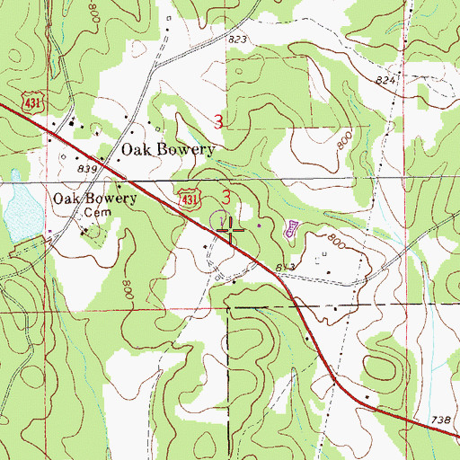 Topographic Map of Oak Bowery Fire and Rescue, AL