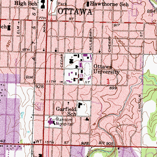 Topographic Map of Ottawa University Wilson Field House, KS