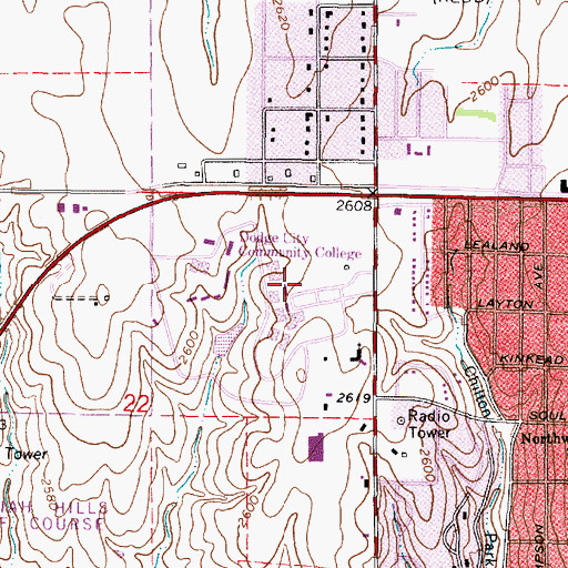 Topographic Map of Dodge City Community College Allied Health Building, KS
