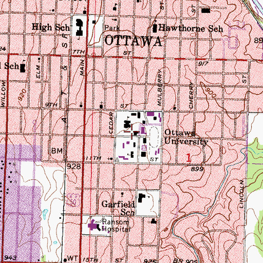 Topographic Map of Ottawa University Administration Building, KS