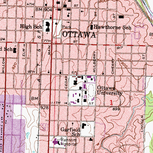 Topographic Map of Ottawa University Atkinson Hall, KS