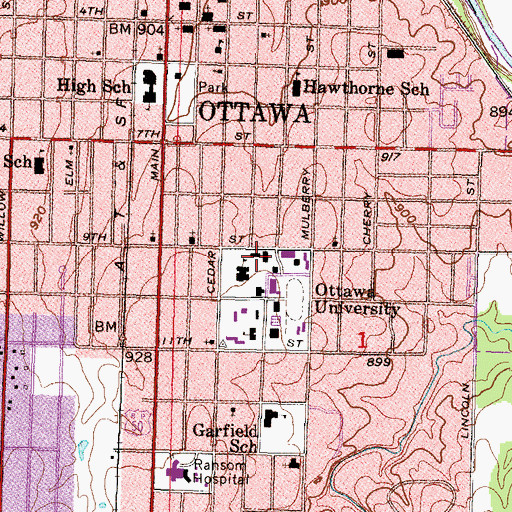 Topographic Map of Ottawa University Behan Hall, KS