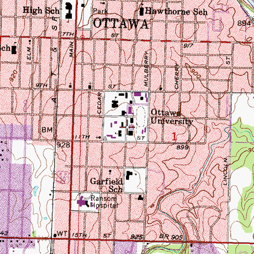 Topographic Map of Ottawa University Mabee Center, KS