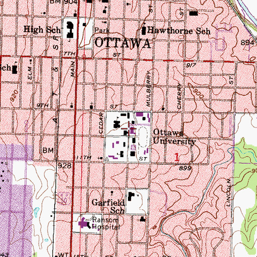 Topographic Map of Ottawa University Mowbray Student Union, KS
