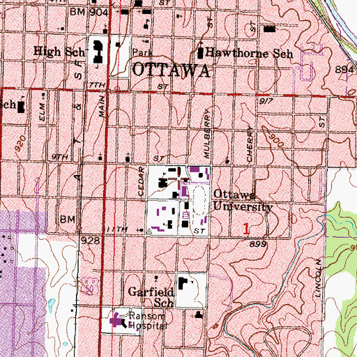 Topographic Map of Ottawa University Tauy Jones Hall, KS