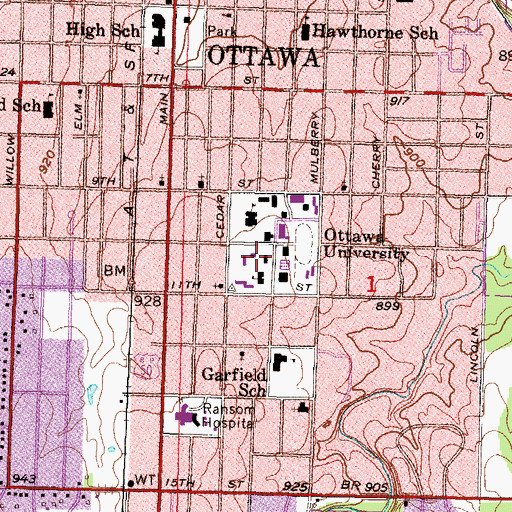 Topographic Map of Ottawa University Ward Science Hall, KS