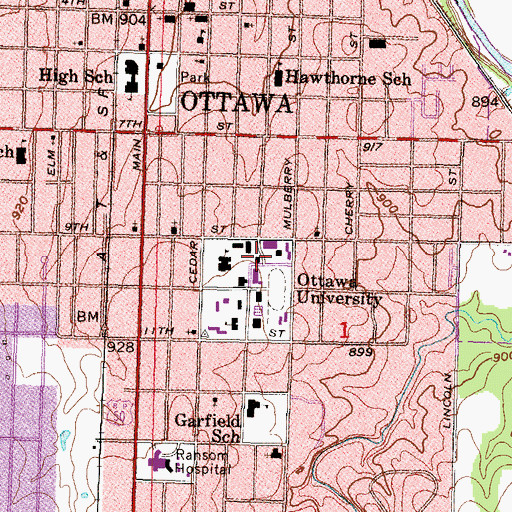 Topographic Map of Ottawa University Bennett Hall, KS