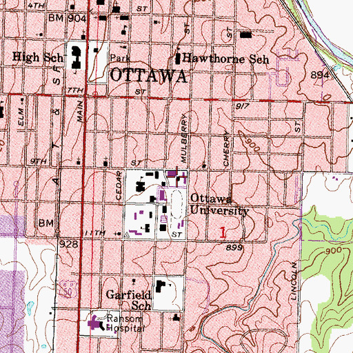Topographic Map of Ottawa University Brown Hall, KS