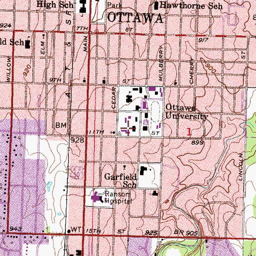 Topographic Map of Ottawa University Martin Hall, KS
