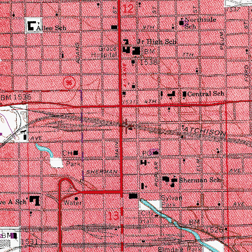 Topographic Map of Hutchinson Amtrak Station, KS