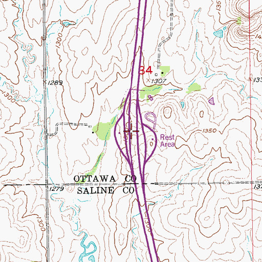 Topographic Map of Kansas Department of Transportation Ottawa County Rest Area, KS