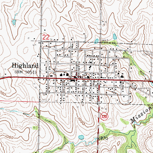 Topographic Map of Highland Senior Center, KS