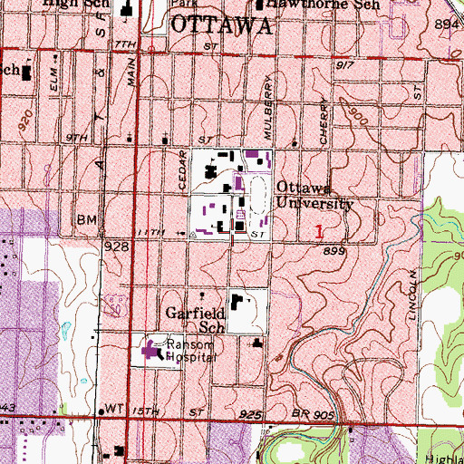 Topographic Map of Ottawa University Hull Center for Athletics, KS