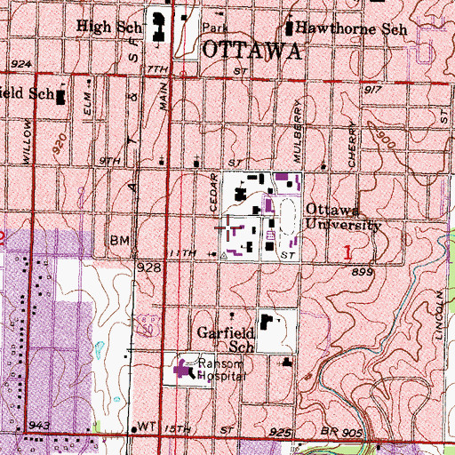 Topographic Map of Ottawa University Chapel, KS