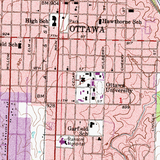 Topographic Map of Ottawa University Myers Library, KS
