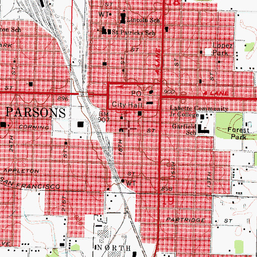Topographic Map of Parsons Chamber of Commerce, KS