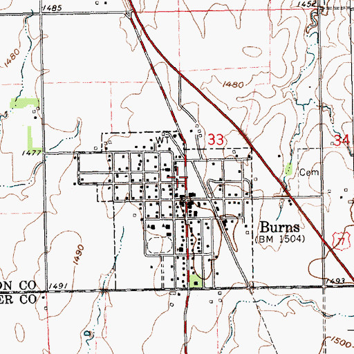 Topographic Map of Burns Community Center, KS