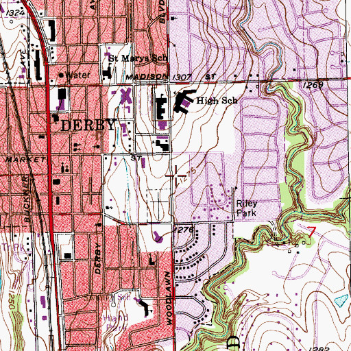 Topographic Map of Derby Recreation Center, KS