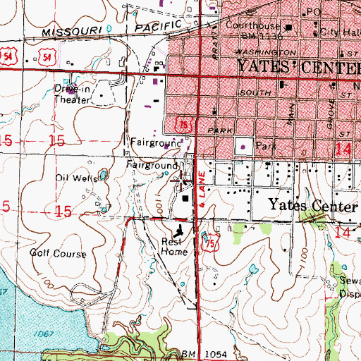 Topographic Map of Yates Center Community Building, KS