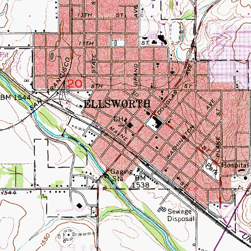 Topographic Map of Ellsworth City Hall, KS