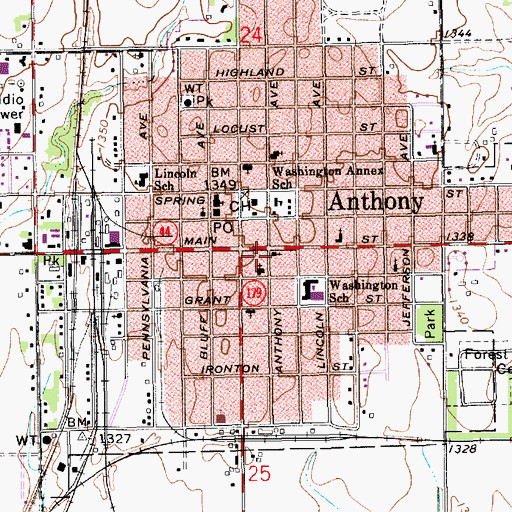 Topographic Map of Anthony Municipal Hall, KS