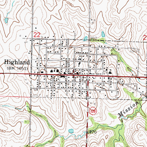 Topographic Map of Highland City Hall, KS