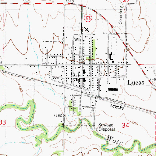 Topographic Map of Lucas City Hall, KS