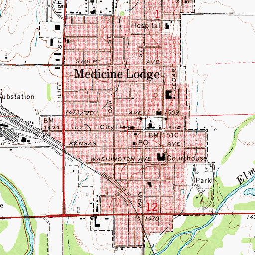 Topographic Map of Medicine Lodge City Hall, KS