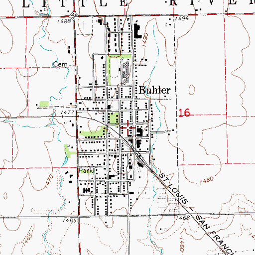 Topographic Map of Buhler City Hall, KS