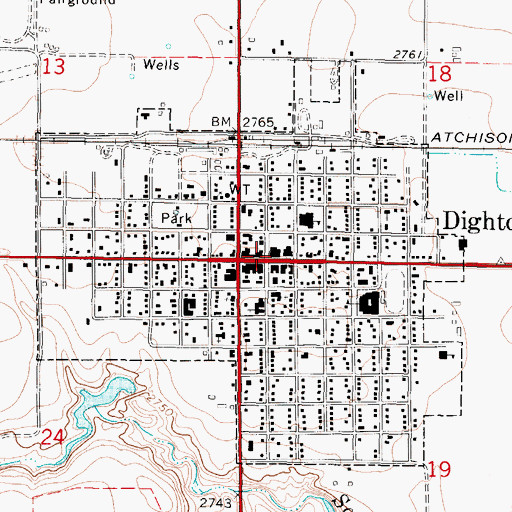 Topographic Map of Dighton City Hall, KS