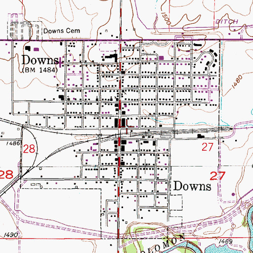 Topographic Map of Downs City Hall, KS