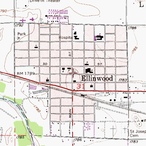 Topographic Map of Ellinwood City Hall, KS