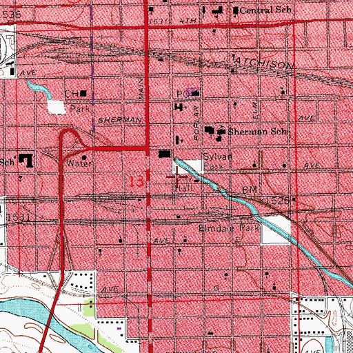 Topographic Map of Hutchinson City Hall, KS