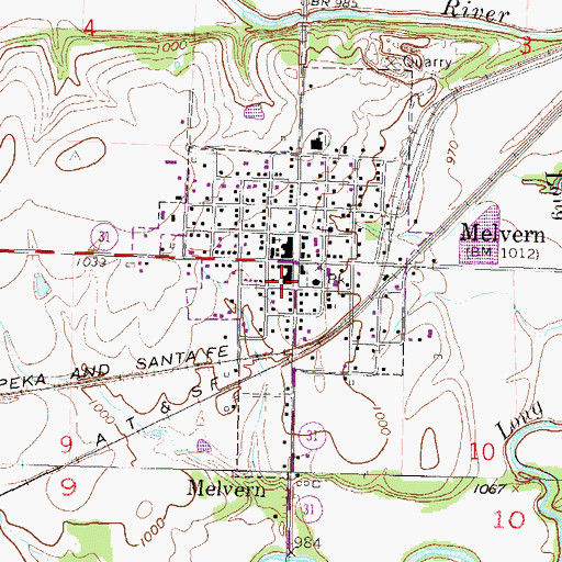 Topographic Map of Melvern City Hall, KS