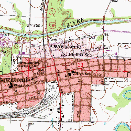 Topographic Map of Osawatomie City Hall, KS