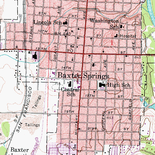 Topographic Map of Baxter Springs City Hall, KS