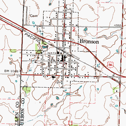 Topographic Map of Bronson City Hall, KS