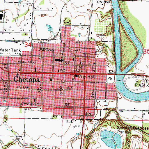 Topographic Map of Chetopa City Hall, KS