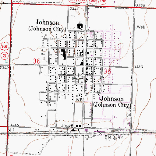 Topographic Map of Johnson City Hall, KS
