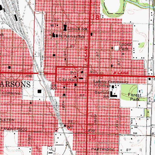 Topographic Map of Parsons City Hall, KS