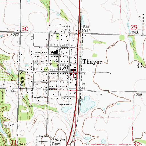 Topographic Map of Thayer City Hall, KS
