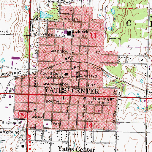 Topographic Map of Yates Center City Hall, KS