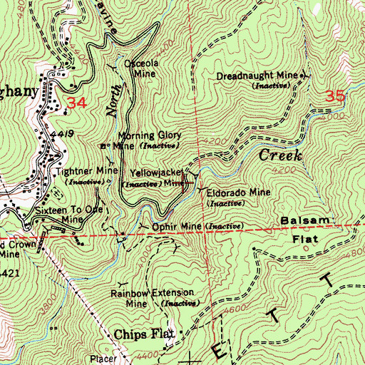 Topographic Map of Yellowjacked Mine, CA
