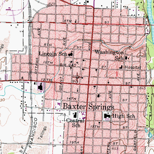Topographic Map of Baxter Springs Post Office, KS