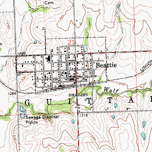 Topographic Map of Beattie Post Office, KS