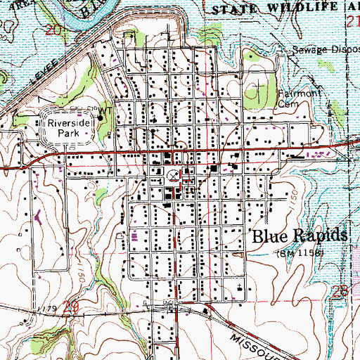 Topographic Map of Blue Rapids Post Office, KS