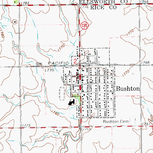 Topographic Map of Bushton Post Office, KS