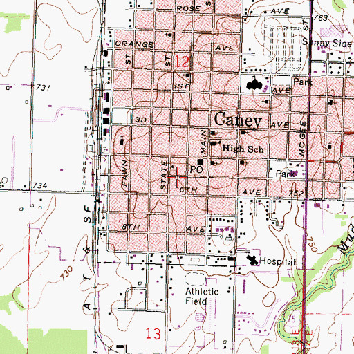 Topographic Map of Caney Post Office, KS