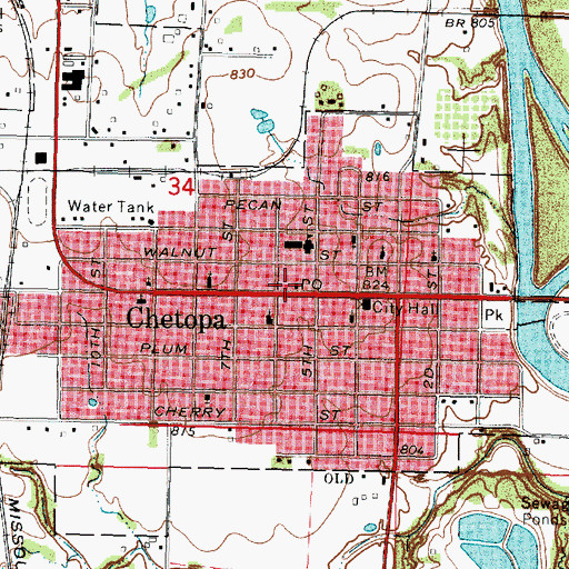 Topographic Map of Chetopa Post Office, KS