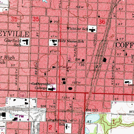 Topographic Map of Coffeyville Post Office, KS